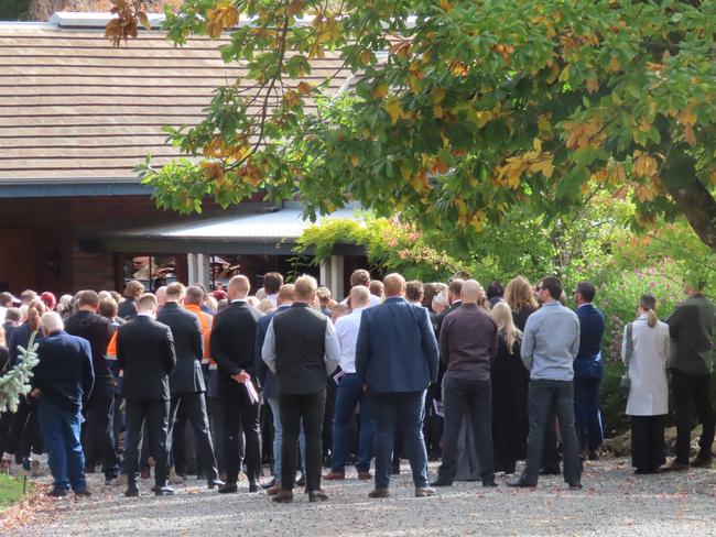 A Ballarat funeral centre overflowed as friends and family gathered to remember Clunes woman Hannah McGuire. Picture: Timothy Cox