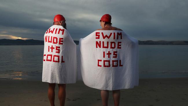 Rob Butler and Kathleen Moore of Hobart. Dark Mofo 2023 Nude Solstice Swim at Long Beach Sandy Bay. Picture: Nikki Davis-Jones