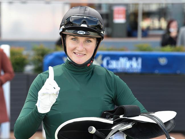 Jamie Kah after Second Slip (NZ) won the Neds Filter Form Handicap, at Caulfield Racecourse on August 14, 2021 in Caulfield, Australia. (Reg Ryan/Racing Photos via Getty Images)