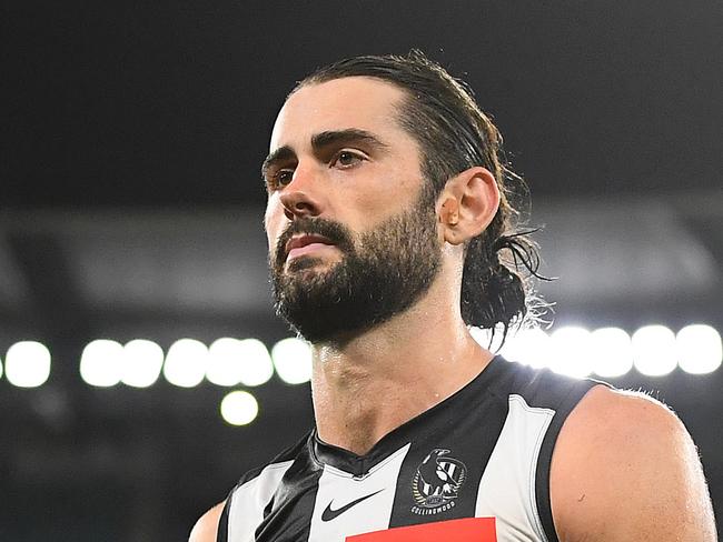 MELBOURNE, AUSTRALIA - MARCH 19: Brodie Grundy of the Magpies walks off the field after the Magpies lost the round one AFL match between the Collingwood Magpies and the Western Bulldogs at Melbourne Cricket Ground on March 19, 2021 in Melbourne, Australia. (Photo by Quinn Rooney/Getty Images)