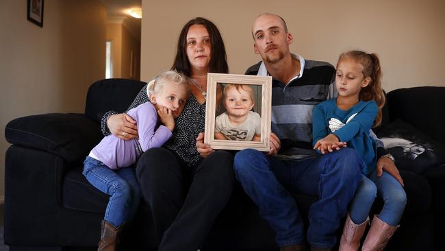 Donald Peach with wife Amy and kids Lilly and Indi. Baby Donald died of meningococcal B. Picture: Sam Ruttyn