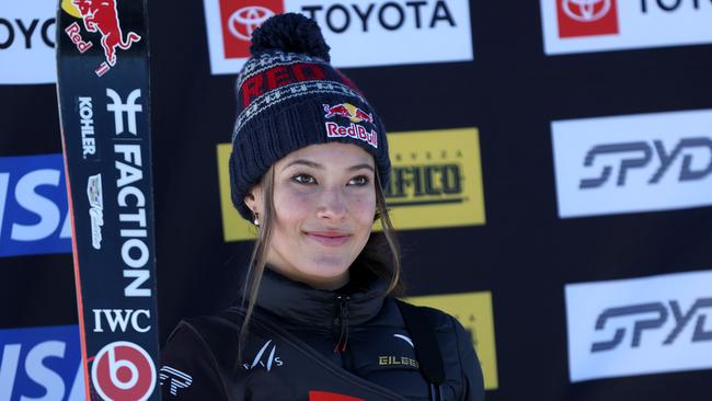 Eileen Gu of Team China stands on the podium at the Grand Prix at Mammoth Mountain. Photo: Maddie Meyer/Getty Images/AFP.