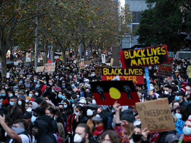 Demonstrators attend a Black Lives Matter protest to express solidarity with US protesters in Melbourne. Picture: AFP