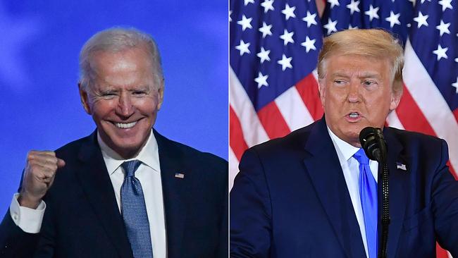 Joe Biden and Donald Trump deliver election night speeches. Picture: AFP