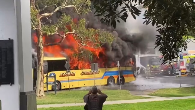 A school bus has been torn apart by a furious fire on Thursday morning in Kiama, south of Sydney. Picture: Daily Telegraph/Supplied