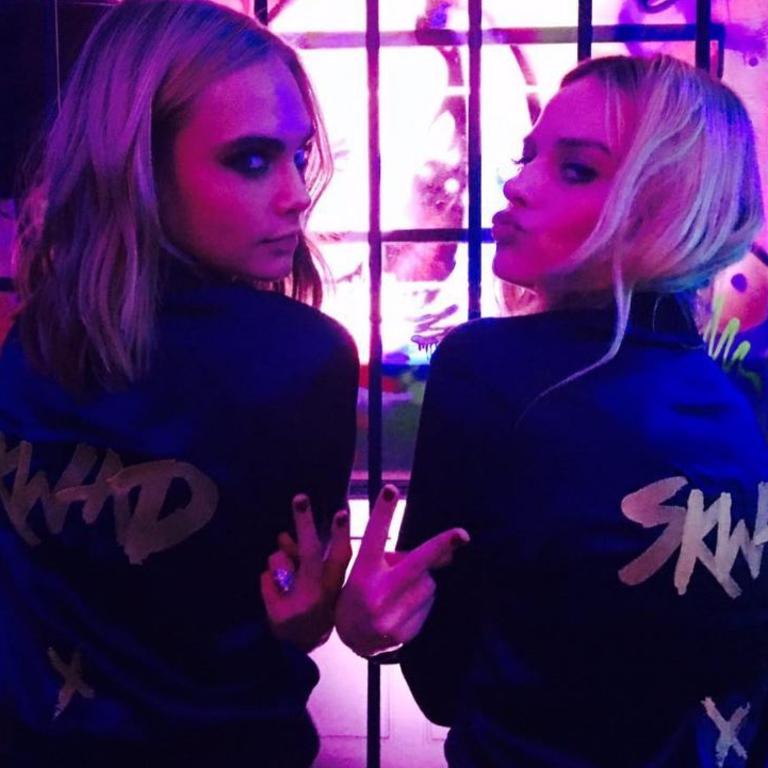 Cara Delevigne and Margot Robbie twinning in matching tracksuits at the Suicide Squad after party in London. Picture: Instagram