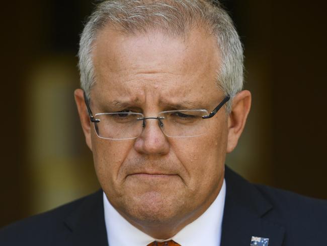 Australian Prime Minister Scott Morrison speaks during a press conference on the governments' bushfire response at Parliament House in Canberra, Saturday, January 4, 2020. (AAP Image/Lukas Coch) NO ARCHIVING