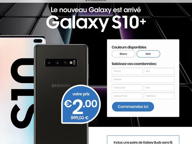 A French version of the smartphone scam, promoted on Facebook, is mocked up to look like the official Samsung website. Picture: Supplied