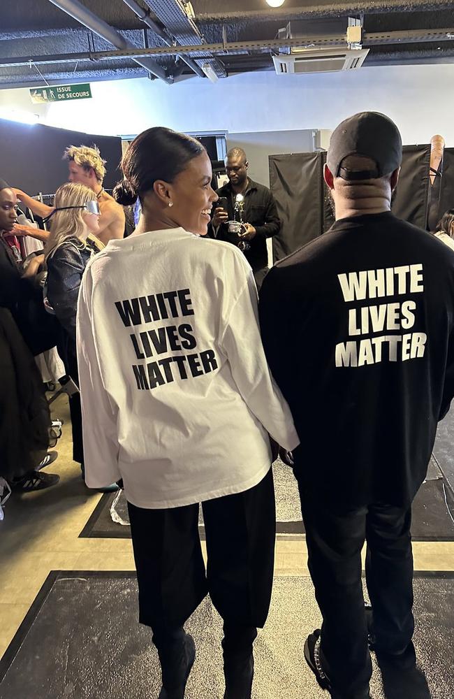 Kanye West and right-wing commentator Candace Owens wear White Lives Matter shirts. Picture: Candace Owens/Twitter