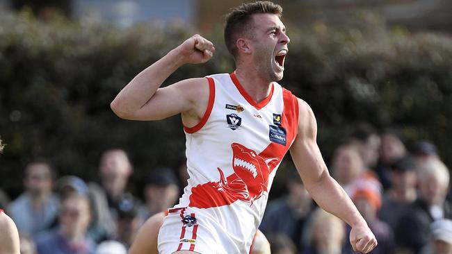 James Hallahan celebrates a goal for Sorrento. Picture: Andy Brownbill