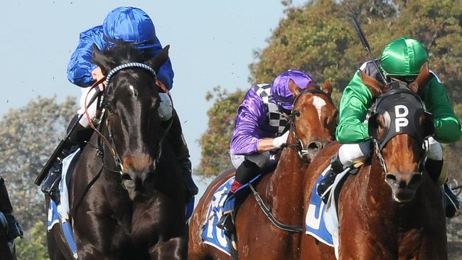 Ghisoni, left, won’t run in the Stradbroke Handicap on Saturday week. Picture: Grant Peters