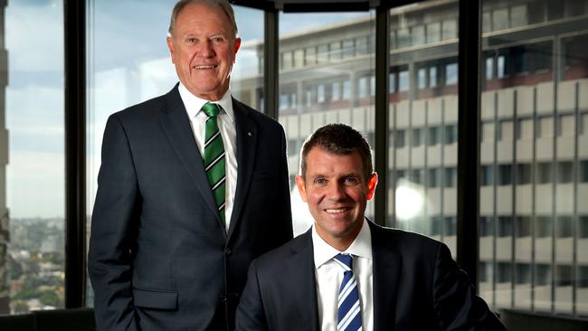 Premier Mike Baird with his father Bruce in the Premier’s office in Sydney. Picture Gregg Porteous