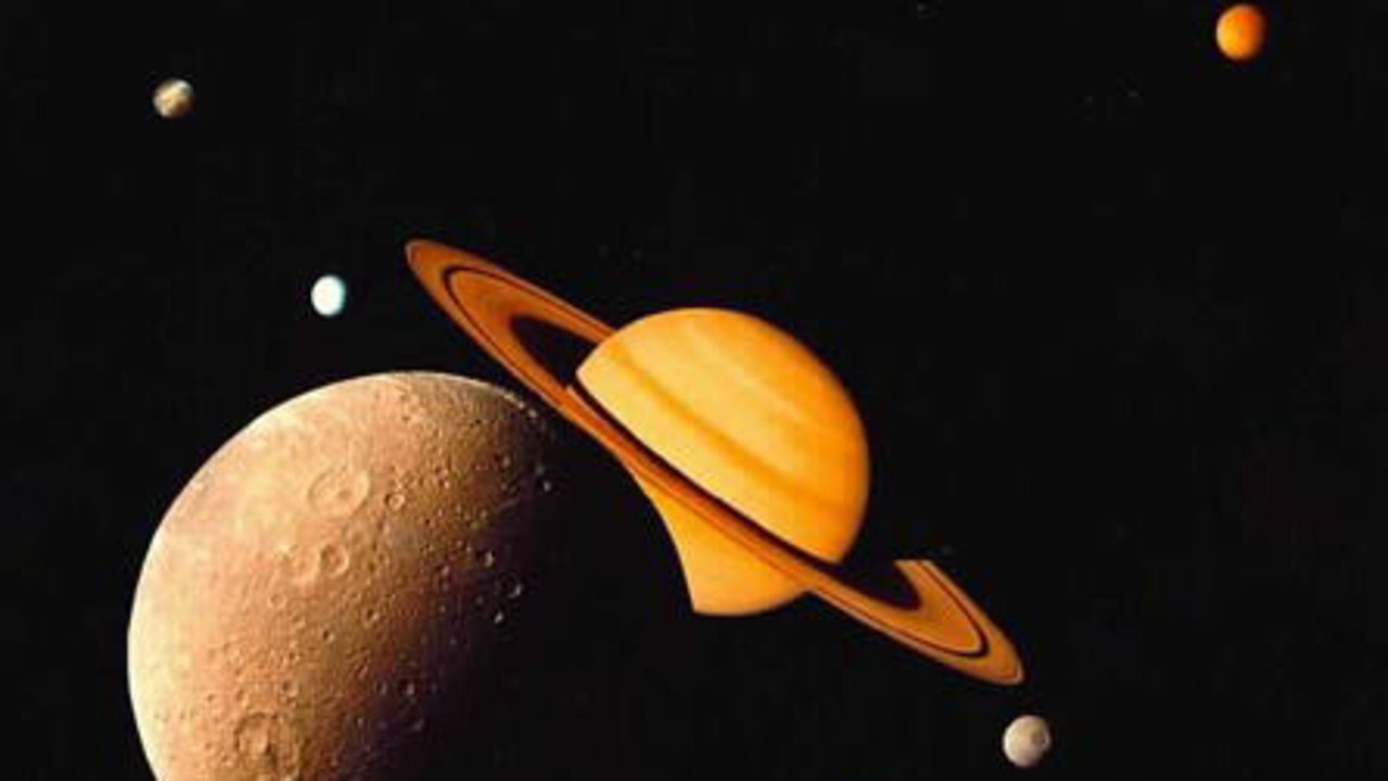 Combined images of Saturn and some of its 82 known moons.