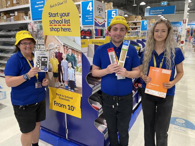 Officeworks Hermit Park store manager Hellen Buzzi and staff members Steven Farrell and Nicola Zevenbergen are welcoming donations for the annual Back to School Appeal. Picture: Leighton Smith.