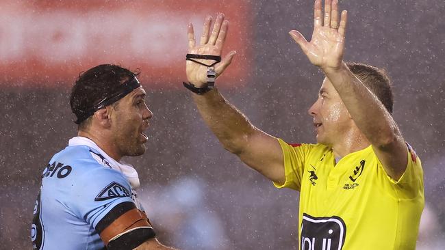 The Sharks are missing two key middle forwards, including Dale Finucane who was sin binned and then suspended for a hip-drop tackle. Picture; Mark Kolbe/Getty Images