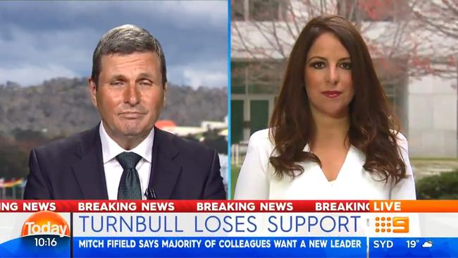 Daily Telegraph political editor Sharri Markson appears on Channel 9’s Today program during a major power shift in the Australian Liberal Party. Picture: Nine