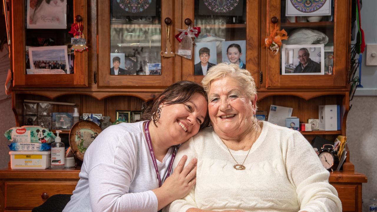 Care Giver Sally Tolson and her client Alide Di Cesare share a cup coffee in Alide's Bell Park home. Sally has been nominated for a national carers award. Picture Brad Fleet