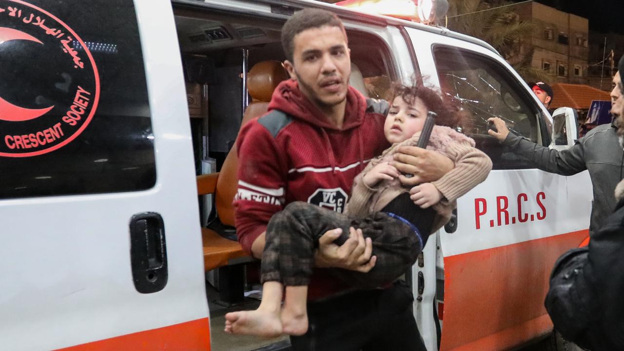 A Palestinian child injured in Israeli air strikes is brought to Nasser Medical Hospital on December 25, 2023 in Khan Yunis, Gaza. Picture: Ahmad Hasaballah/Getty Images