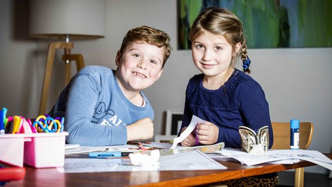 Eddie and Monique Dupuche enjoy the remote learning tasks set for them by their primary school. Picture- Nicole Cleary.