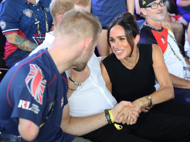 Meghan Markle was wearing just her wedding band, not her engagement ring, at the Invictus Games. Picture: Getty Images