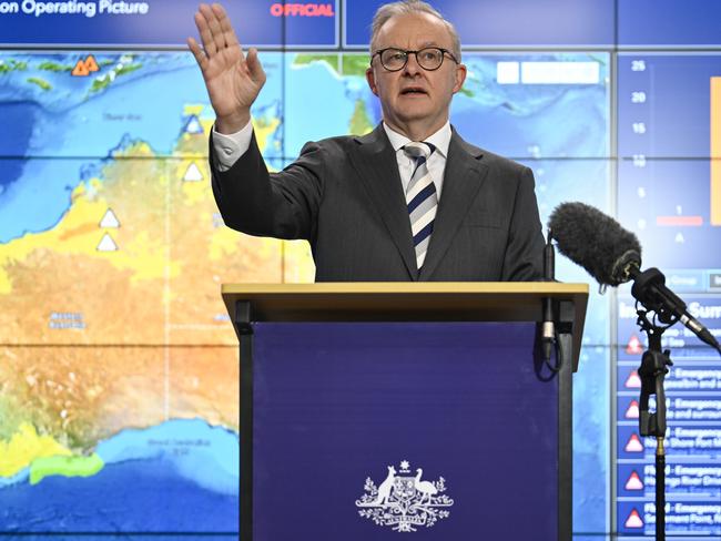 CANBERRA, AUSTRALIA  - NewsWire Photos - MARCH 7 2025: Prime Minister Anthony Albanese and National Emergency Management Agency Deputy Coordinator-General, Joe Buffone hold a media briefing in the National Situation Room (NEMA) in Canberra. Picture: NewsWire / Martin Ollman