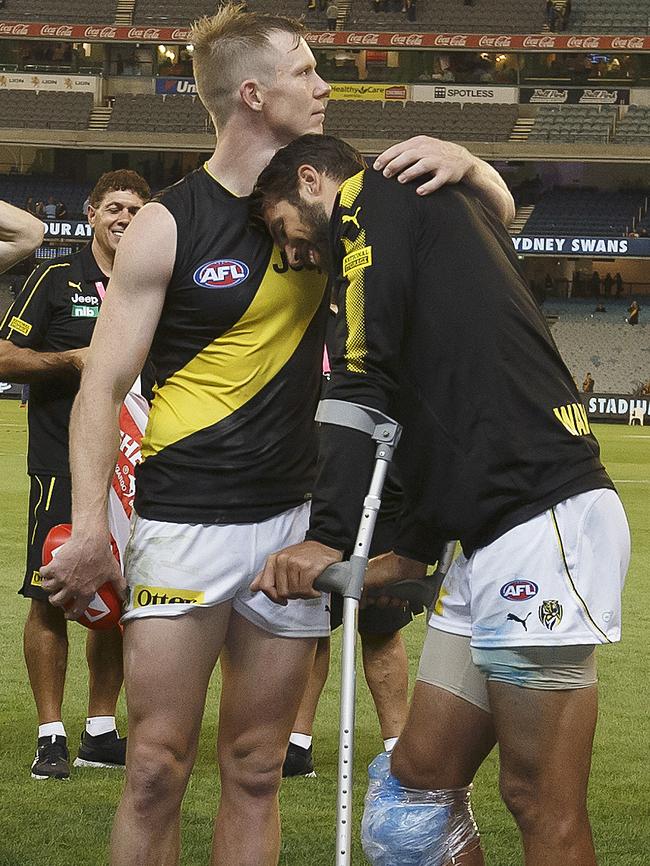 Jack Riewoldt hugs Alex Rance in Round 1. Picture: Michael Klein