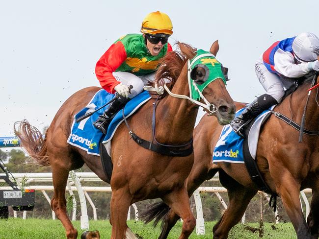 Caitlin Tootell guides Stormsarrived to victory in the Strathalbyn Cup on Sunday. Picture: Makoto Kaneko