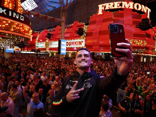 Nathan Cleary taking a selfie with on stage. Picture: Jonathan Ng