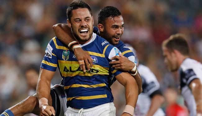 Jarryd Hayne celebrates scoring a try for the Eels. Picture: Getty Images