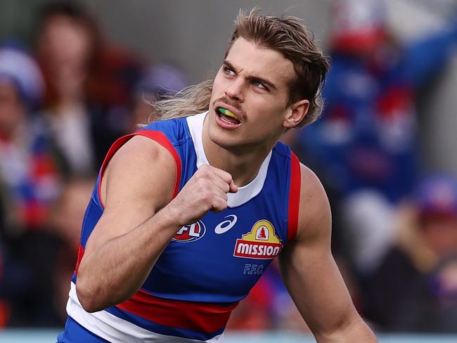 MELBOURNE, AUSTRALIA - July 29, 2023. AFL .        Bulldog Bailey Smith after kicking a 1st qtr goal during the round 20 match between Western Bulldogs and GWS Giants at the Mars Stadiumon July 29, 2023, in Ballarat, Australia. Photo by Michael Klein.