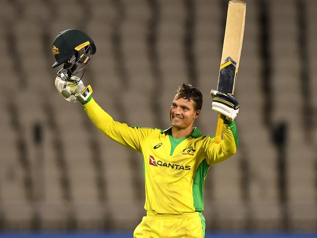 Alex Carey celebrates reaching his century. Picture: Getty Images