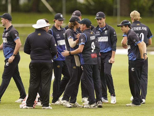 The True Blues celebrate a wicket.