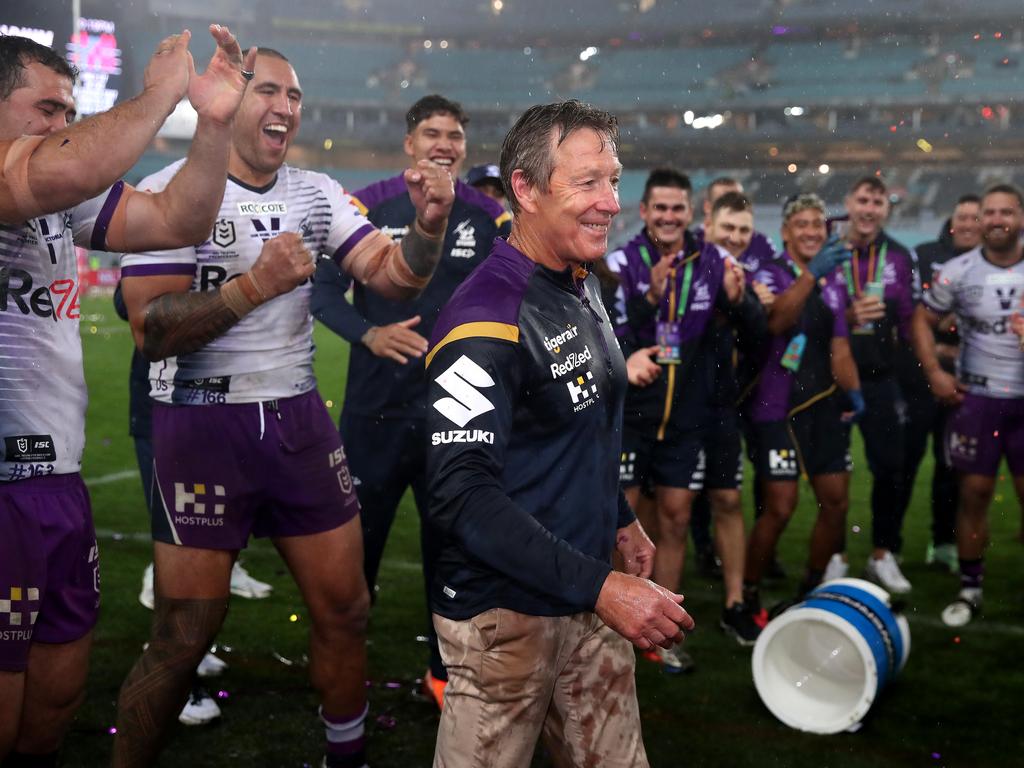 Craig Bellamy has Gatorade poured over him after winning the 2020 NRL Grand Final. Picture: Getty Images