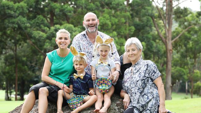 Sydney chef Alessandro Pavoni with his wife and their two young kids and Nonna Iolanda Pavoni who lives in Italy but was visiting Australia when the outbreak struck her home town. Picture: Rohan Kelly