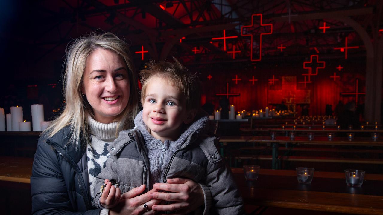 Hobart mum Ondine Adey with her son Arlo aged 2 at Dark Mofo Winter Feast. Picture: Linda Higginson