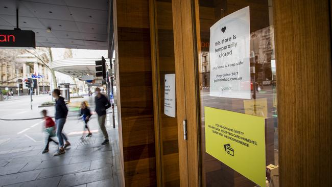 Closed stores in Melbourne’s CBD on the weekend. Picture: Nicole Cleary