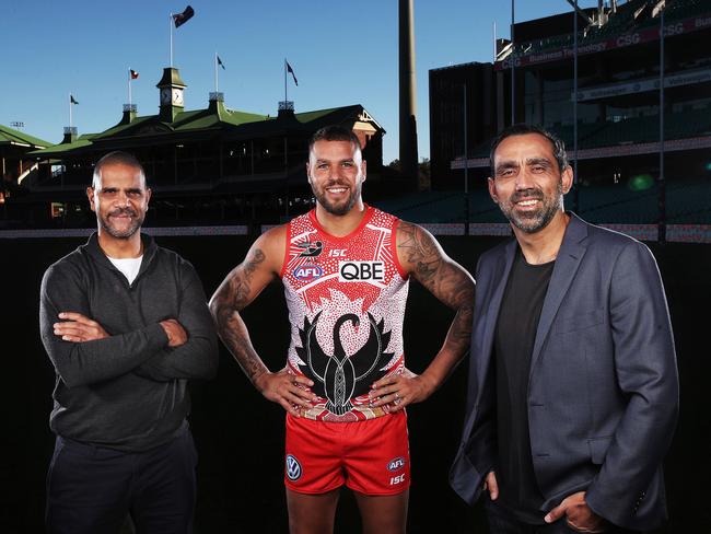 Three legends of the Sydney Swans: Michael O'Loughlin, Lance Franklin and Adam Goodes at the SCG. Picture: Phil Hillyard