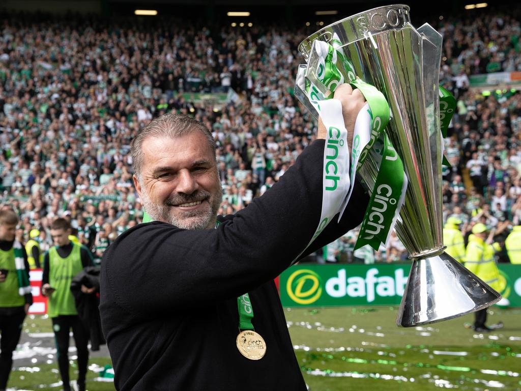 Celtic manager Ange Postecoglou lifts the trophy. Picture: Craig Williamson/SNS Group/Getty Images