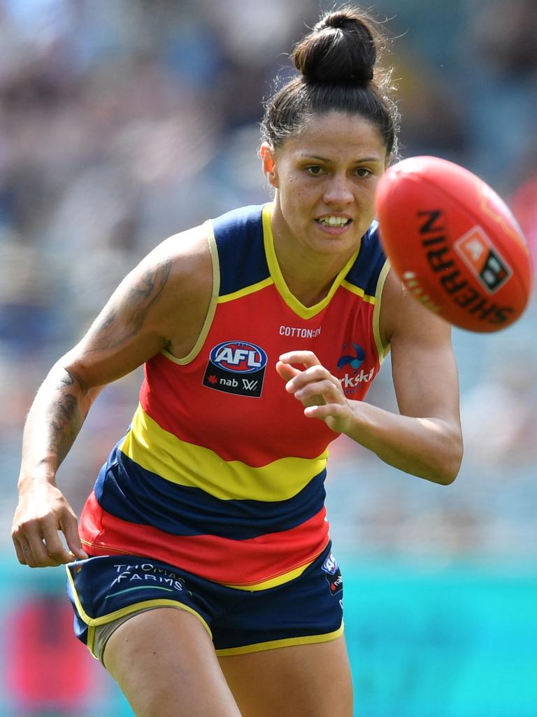 Crow Stevie-Lee Thompson chases the ball during the preliminary final played at Adelaide Oval in 2019. Picture: AAP