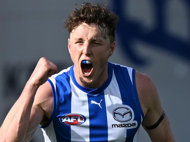 HOBART, AUSTRALIA - AUGUST 26: Nick Larkey of the Kangaroos celebrates a goal  during the round 24 AFL match between North Melbourne Kangaroos and Gold Coast Suns at Blundstone Arena, on August 26, 2023, in Hobart, Australia. (Photo by Steve Bell/Getty Images)