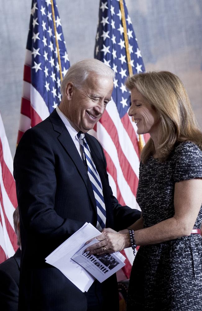 Caroline Kennedy thanks Vice President Joseph Biden after he spoke during an event to honour her father's inauguration on Capitol Hill on January 20, 2011 in Washington, DC. Picture: Getty Images