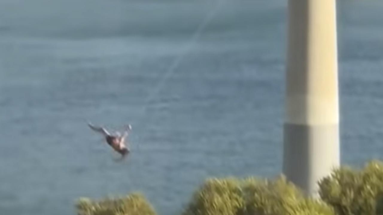 A man bungee jumps off the Dawesville Bridge in Mandurah. picture: Facebook