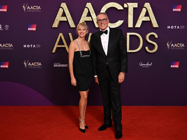 Teresa Palmer pictured with Foxtel chief executive Patrick Delany at the 2025 AACTA Awards. Picture: Getty Images for AFI)