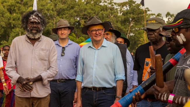 Prime Minister of Australia Anthony Albanese walks with Yolngu community during Garma Festival. Picture: Tamati Smith/Getty Images