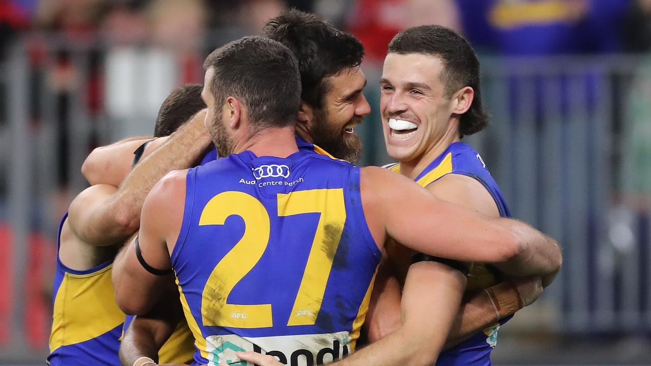 Josh Kennedy of the Eagles celebrates after scoring a goal against Essendon. Picture: Will Russell