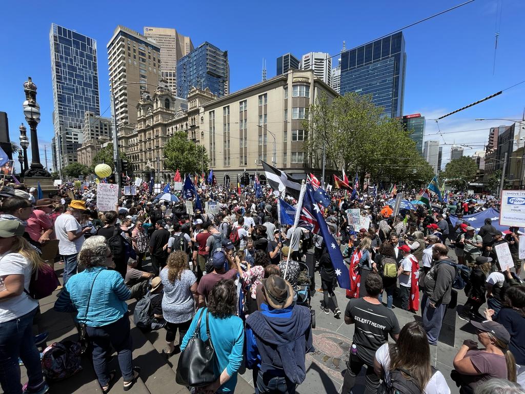 Hundreds of protesters gathered at state Parliament. Picture: Alex Coppel