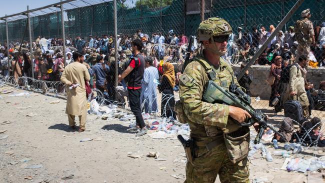 An Australian army officer patrols the perimeter of the besieged Hamid Karzai International Airport in Kabul. Picture: ADF