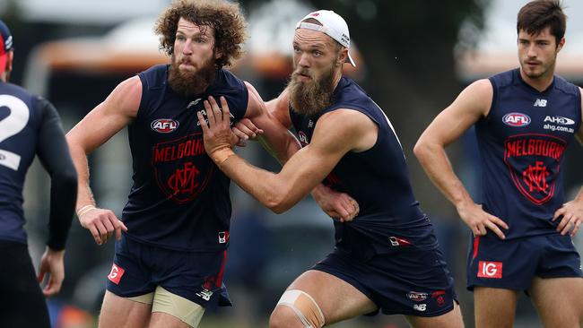 Max Gawn and Jake Spencer in action at training. Picture: Michael Klein