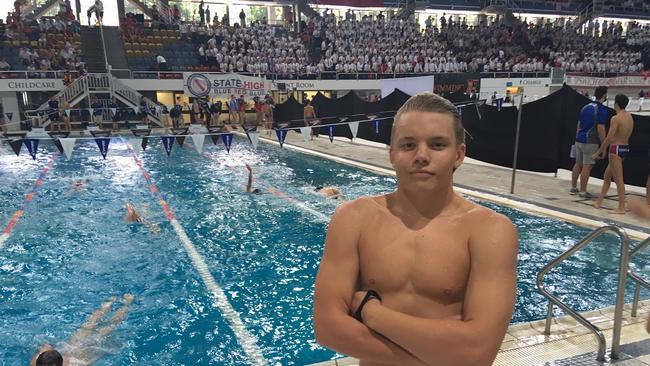 Brisbane State High School powerhouse Saxon Scheffler at the GPS swimming championship.