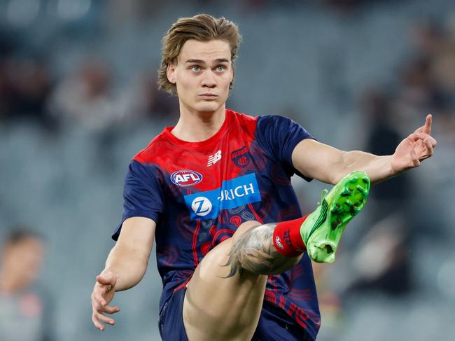 MELBOURNE, AUSTRALIA - MAY 04: Trent Rivers of the Demons warms up before the 2024 AFL Round 08 match between the Melbourne Demons and the Geelong Cats at The Melbourne Cricket Ground on May 04, 2024 in Melbourne, Australia. (Photo by Dylan Burns/AFL Photos via Getty Images)